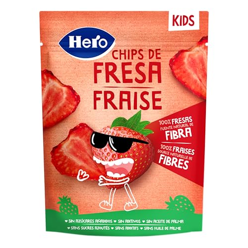 Hero Kids Snack Chips de Fresa, 100% fresas, sin azúcares añadidos, fuente natural de fibra, Para Niños Desde 36 Meses, 12gr