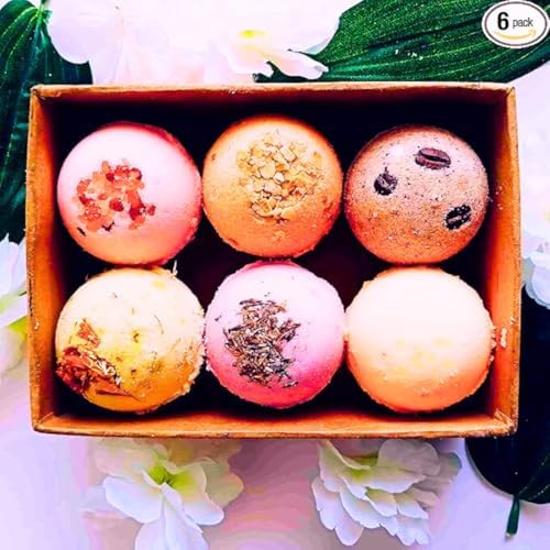 Image of Bath Bomb - spa set for women Rose, calendula, Oats, Green , Pink salt |and city's orange lime Refreshing hot water bath hydrating moisturizing enchanting Fizzy Aromatic Bath Bomb ( 75 g) each - Pack of 6 Perfect Hamper for Women Men (MIX)