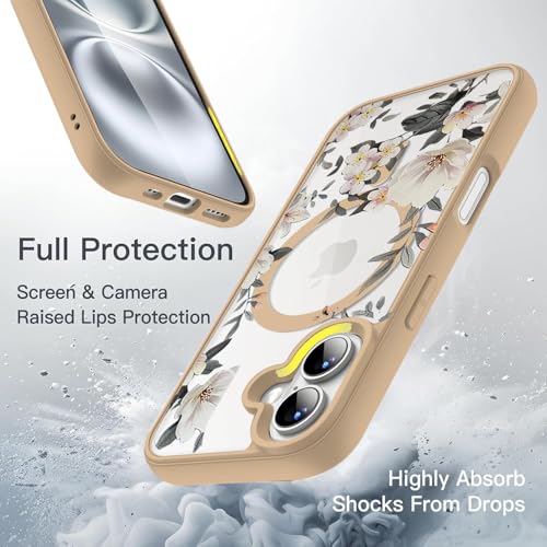Image of VONZEE Compatible with iPhone 16 Case Luxury Retro Flowers Floral Clear for Magnetic Wireless Charging Case Shockproof Case PC+TPU Cute Glossy Shiny Cover for Girls Women, 6.1'' Desert Titanium