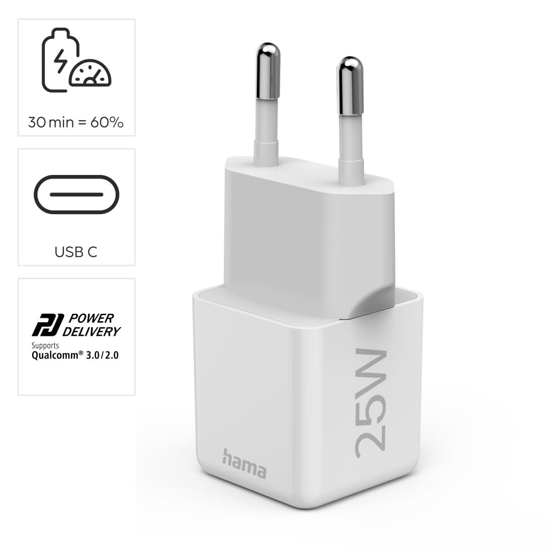 Hama Ładowarka sieciowa 25 W mini 1x USB C (kompaktowa, szybka, do ładowania telefonu, Quick Charge, Power Delivery, mała, szybkie ładowanie) biała