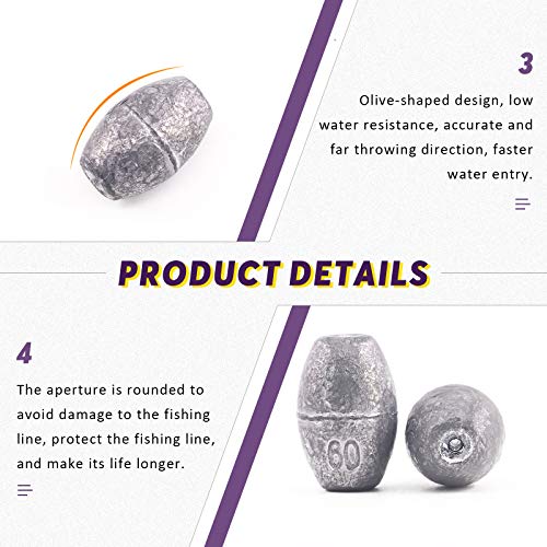 image for Swpeet 8Pcs 60g Egg Olive Shape Sinkers Fishing Lead Sinkers Worm Sink