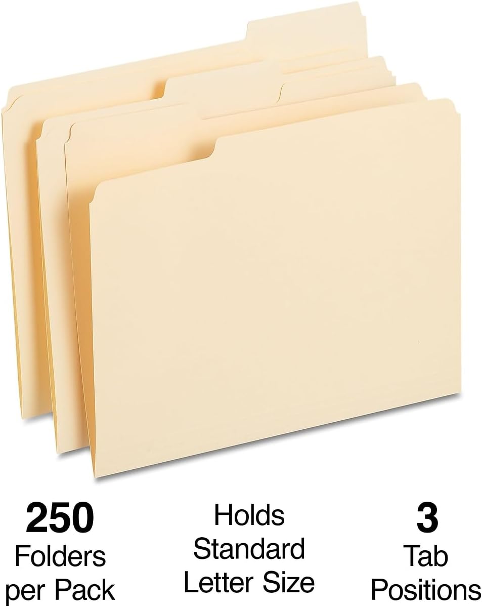 Staples Reinforced File Folders, Letter Size, 1/3‑Cut Tabs, Assorted Positions, Manila, Heavy‑Duty Construction, 250/Box