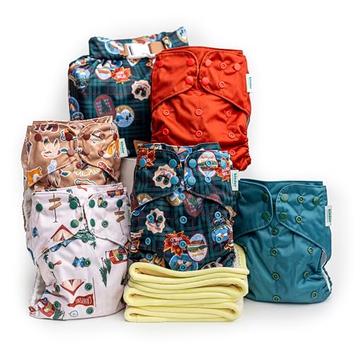 Image of Big Adventure Kinder Cloth Diapers Set of 5 Reusable Baby Diapers Pocket Style Athletic Wicking Jersey, Bamboo Viscose Inserts, Wet Bag, Newborn to Potty Training 7-60lbs, Outdoors Nature Camping