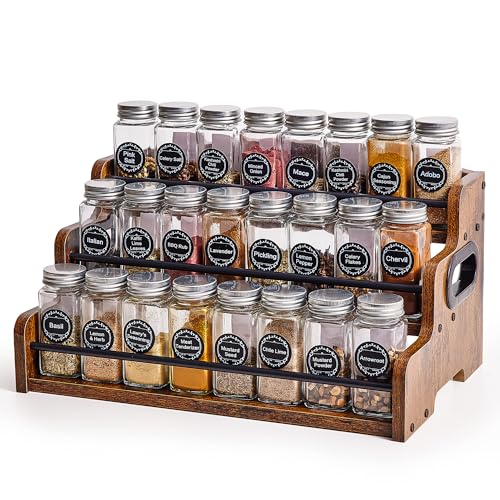 Aminigram Wood Spice Rack Organizer for Cabinet, 3 Tier Spice Shelf Storage, Kitchen Seasoning Organizer for Spice Bottles, Jars, Seasonings, Baking Supplies