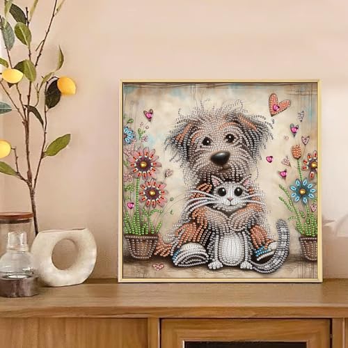 Image of AiYuanzsh 5D Special Shape Diamond Art Kits for Beginners, Diamond Art Painting Kits for Adults, Crystal Rhinestones Diamond Art Painting for Home Wall Decoration Gift 12x12 inch, Cat and Dog