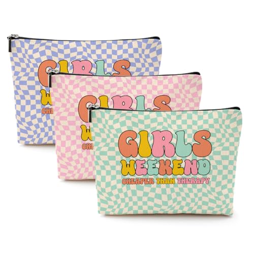 3 Pcs Girls Weekend Gifts Cosmetic Bag Retro Plaid Makeup Bag Funny Girls Trip Gifts Favors Summer Vacation Birthday Christmas Friendship Gifts for Women Bestie Daughter Best Friend Bachelorette Party