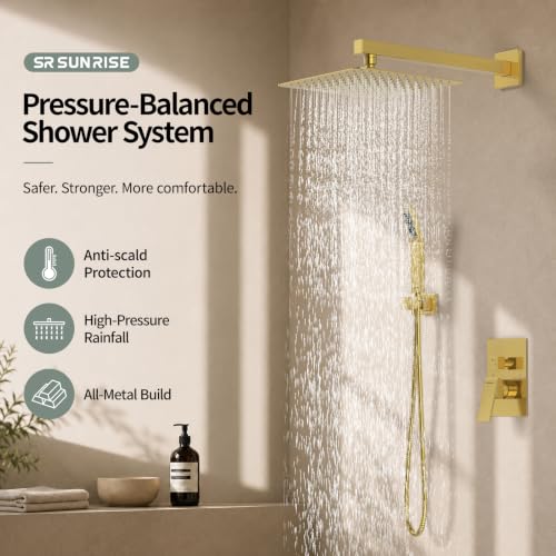 Image of SR SUN RISE Shower Faucet Set 10-Inch Rainfall Shower Head Brushed Gold