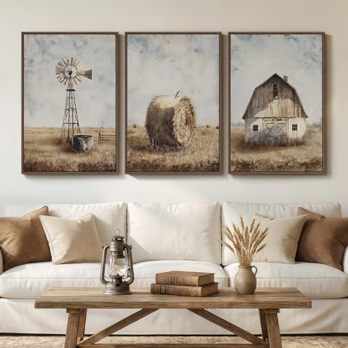 Framed Vintage Farmhouse Wall Art for Living Room, Set of 3 Neutral Rustic Barn Windmill Large Canvas Prints, Country Hay Bale Wall Decor for Bedroom Dining Room Hallway 20x30 Inch