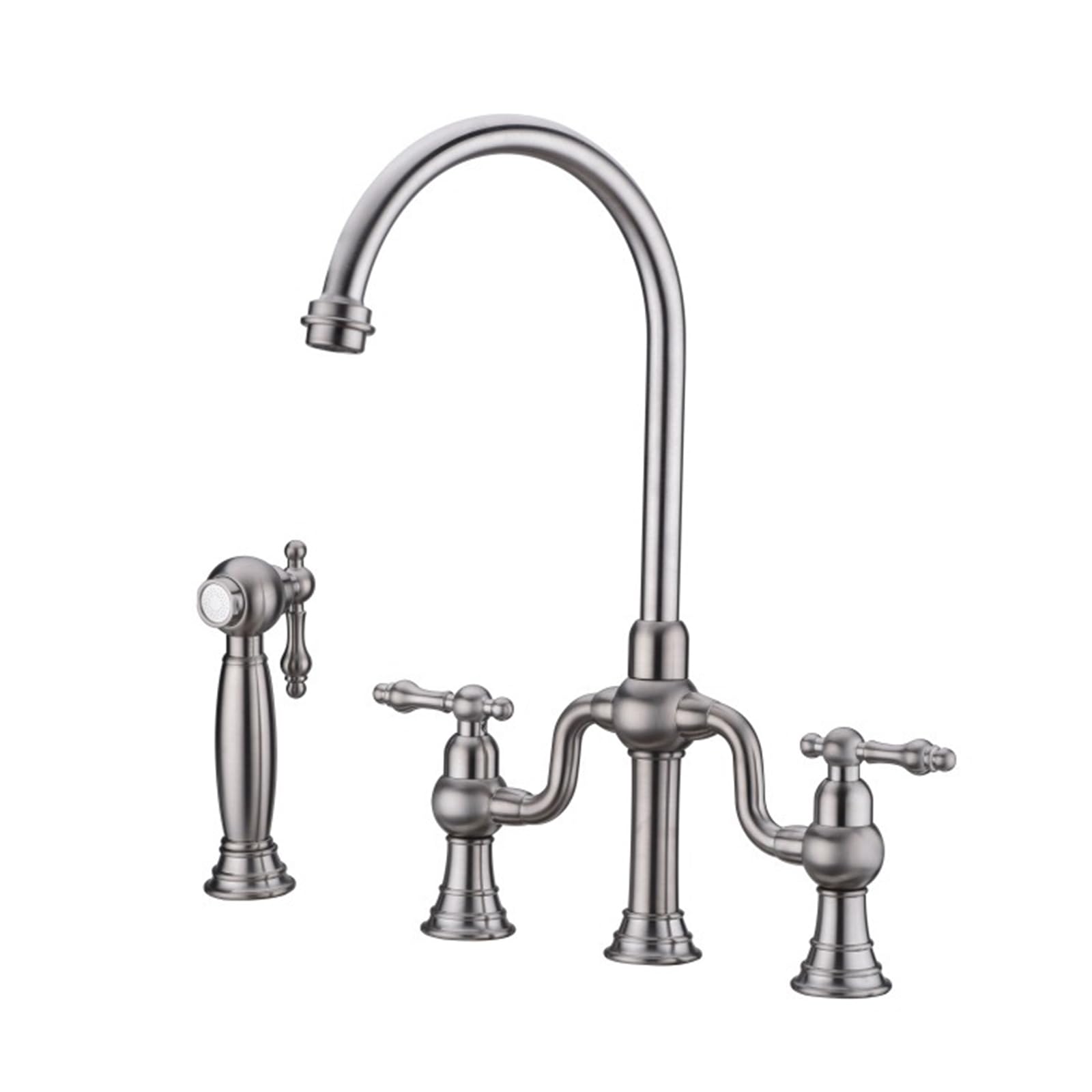 ZYCHSJXA Kitchen Tap Brass with Side Sprayer Sink Bridge Mixer Double Handle 4 Holes,Brushed Silver
