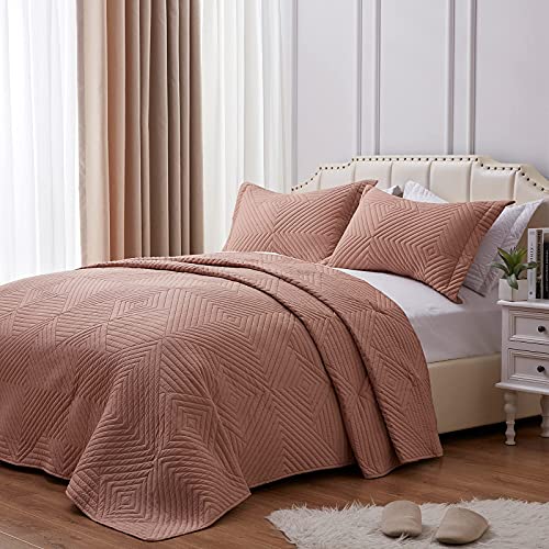 SunStyle Home Quilt Set 3 Pieces Queen Quilt Set Brown Soft Microfiber Bedspreads Queen Size Lightweight Coverlet Reversible Comforter Set Bed Cover for All Season(1 Quilt 2 Shams)