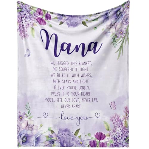 Nana Blanket - Gifts for Nana with Loving Poem - Soft Purple Floral Nana Throw Blanket for Mothers Day Christmas Birthday or Grandparents Day - 50 x 60