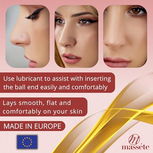 Massete 18k 14k Gold Nose Ring - 20g Nose Stud, Hypoallergenic Threadless Piercings for Women Men, Yellow White Rose Real Gold Standard or Long Nose Rings Studs, CZ or Ball Nose Piercing Jewelry3