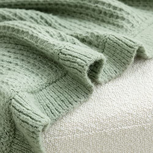 Amélie Home Sage Green Waffle Honeycomb Knit Throw Blanket With Ruffled Fringe, Lightweight Soft Cozy Chunky Wool Chic Modern Farmhouse Knitted Throw Blankets For Couch Bed Sofa, 50'' X 60'' #TOP3