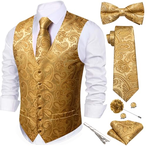 Image of Barry.Wang Men's Suit Vest Tie Bowtie Set Formal Silk Paisley Waistcoat Hanky Cufflinks Lapel Pin Set Wedding Party 7PCS