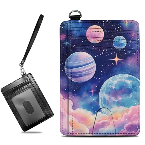 Image of Small Travel Wallets, Pink Starry Planets Slim Minimalist Front Pocket Wallet with Wristlet, RFID Blocking PU Leather Credit Card Holder with ID Window Change Purse for Men Women
