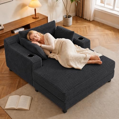 GRUSIGN 64 Chaise Lounge Chair Indoor Oversized Sleeper Chair with Wood Frame Corduroy Bedroom Couch Reading Chair for Living Room Deep Seat Sofa Bed with 2 Cup Holders