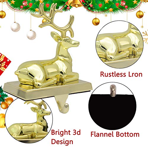 NaTursou Christmas Gold Reindeer Metal Stocking Hanger Fireplace Stocking Hanger, Holiday Christmas Decorations for Fireplace Holder Decor