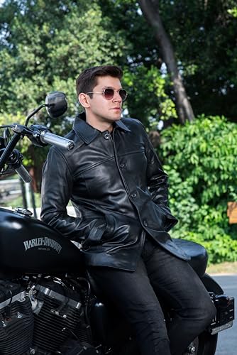 TLC Black Real Leather Trench Coat for Men – 3/4 Length Car Coat – Genuine Lambskin Jacket - Classic Button-Up Soft Coat Men3