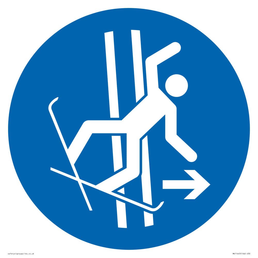 Mandatory: Immediately leave the tow-track in the event of falling Sign - 300x300mm - S30, Blue/White