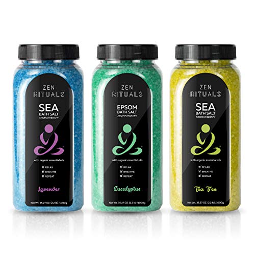 Zen Rituals Pure Minerals Sea Bath Salts Set for Relaxation with Premium Essential Oils Aromatherapy Lavender, Tea Tree and Epsom Eucalyptus, Bundle Pack of 3 Bottles