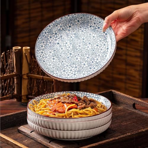 Image of Japanese Style 8-Inch Ceramic Round Dinner Plate - Microwave & Dishwasher Safe, 20.4x4.3cm Porcelain Dish for Seafood, Appetizers & Snacks, Waves (4 Piece)