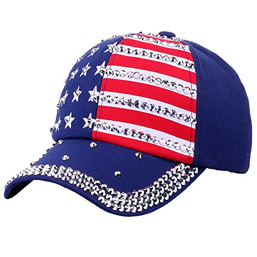 CRUOXIBB USA Bling Baseball Cap Sparkle American Flag Hat for Men Women Hip Hop Caps(Blue)