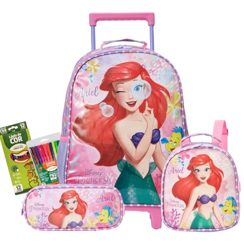 Kit Mochila Rodinhas Princesa Ariel Infantil Com Lancheira Térmica E Estojo Escolar Simples