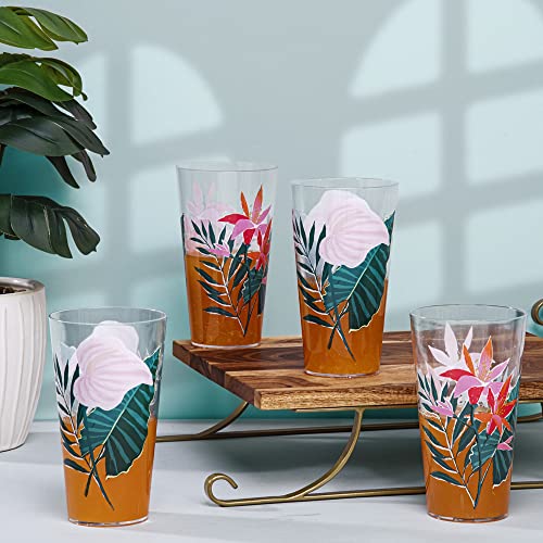 Image of Anko Floral Glasses - Set of 4 | Designer tumblers for Wine, Water, Whisky, Juice, Mocktails, Cocktails | Food Grade Bar Accessory for Home, Restaurants & Parties | Microwave Safe | 600mL Each
