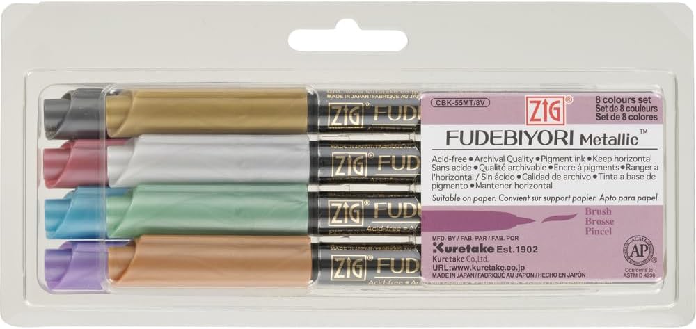 Zig Fudebiyori Metallic Water-Based Pigment Pen - Set of 8, Brush Tip