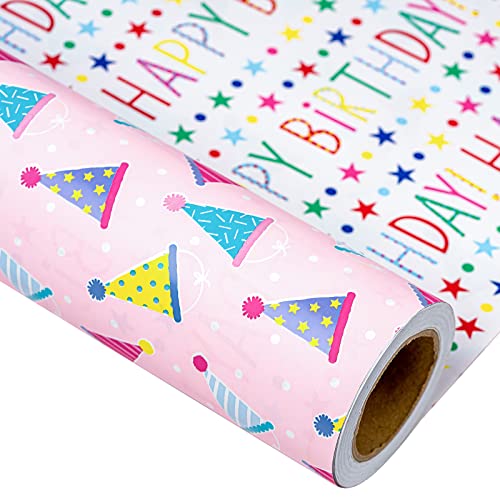 MAYPLUSS Birthday Gift Wrapping Paper Roll - 17Inch X 32.8Feet - Reversible Luxury Pink Girly Birthday Party Hat Happy Lettering Gift Wrap for Kid Girl Baby Shower Party Holiday