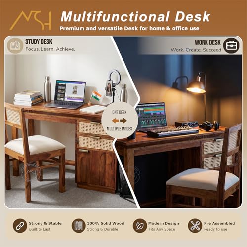 Image of NSH Solid Sheesham Wood Study Table with Chair | Wooden Writing Desk with Drawer & Door Storage | Pre-Assembled Computer Desk Workstation for Home Office & Study Room | Honey Finish