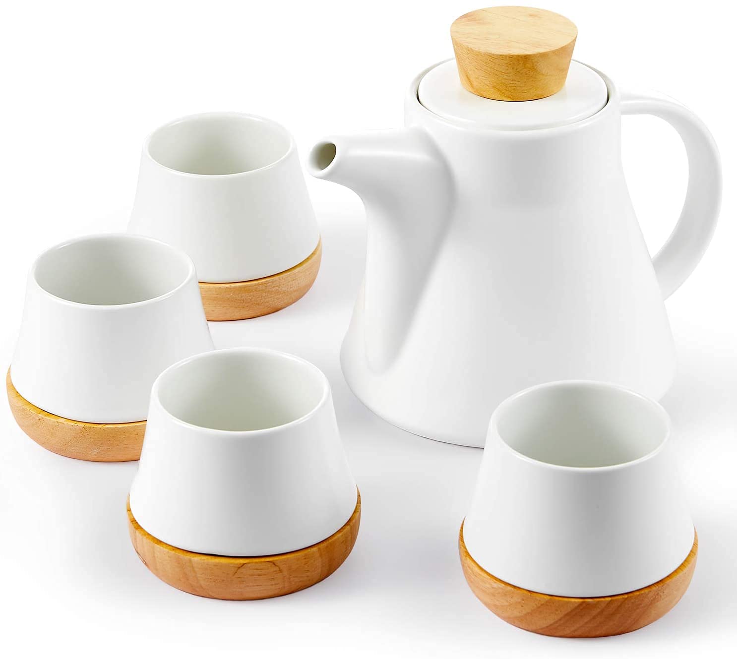 YATAI Ceramic Teapot Set with 4 Cups, Small Coffee Set with Cup and Wooden Coasters, Teapot with Removable Stainless Steel Infuser, Decorated Design Scratch Free Turkish Tea Pot Set for Home Office