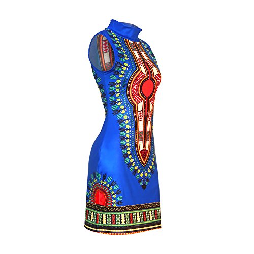 SheKiss Women Traditional African Print Dashiki Bodycon Sleeveless High Collar Dress Blue