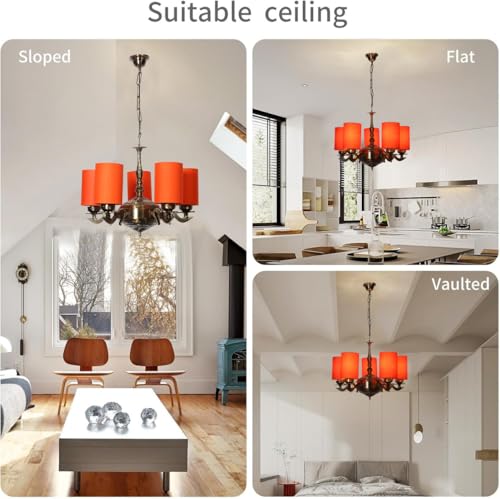 Image of Devansh 05 Lights Orange Round Cotton Shade with Antique Golden Chandelier