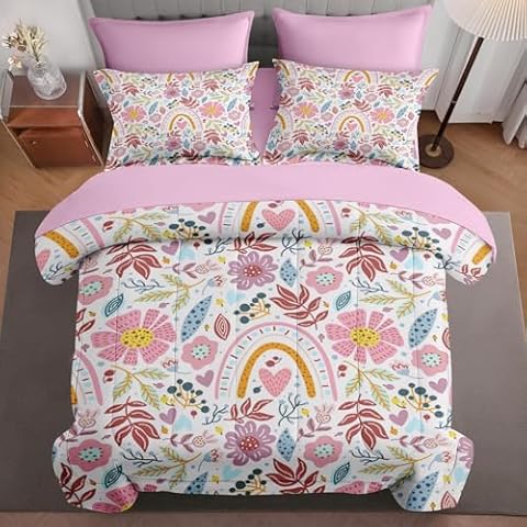 Pinbeam 7 Pcs Comforter Set Full Size, Colorful Pink Floral Bed in a Bag with Flat Sheet and Fitted Sheet for Kids and Adults, Herbs Leaves Flower Bedding Set with Pillowcase & Sham Cover