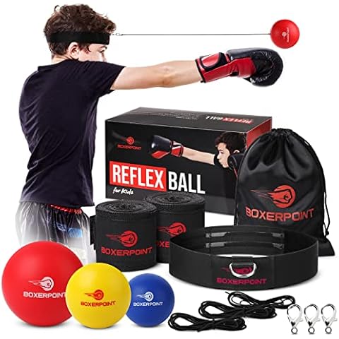 Boxerpoint Boxing Reflex Ball Set for Kids - 3 Boxballs, Adjustable Headbands, Hand Wraps, Carry Bag and Extra Strings. Fun Game for Training Reaction Speed and Hand Eye Coordination. MMA Gift Cover