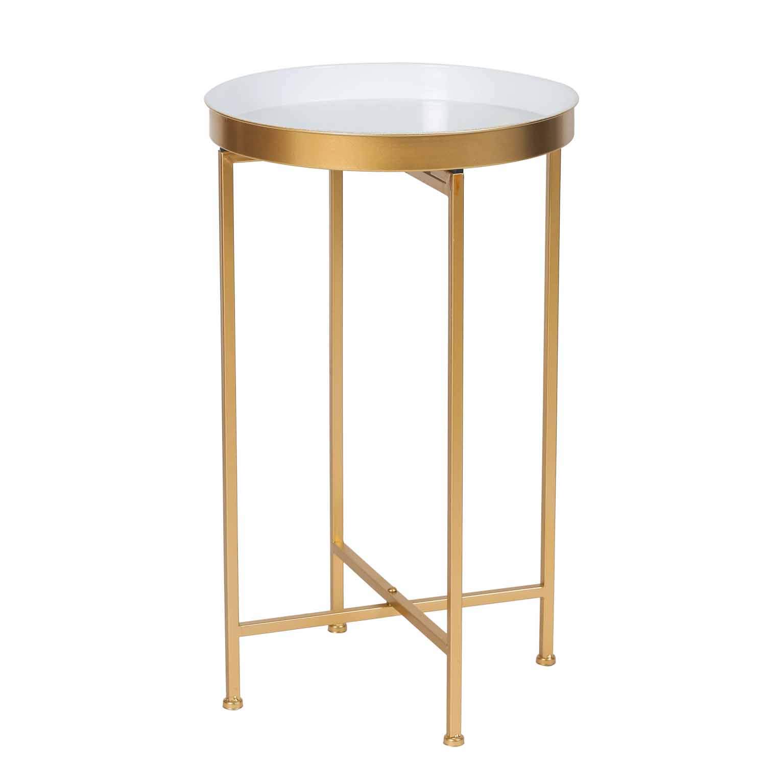 Homebeez Tray Metal End Table, Gold Round Foldable Side Table Small Decorative Sofa Snack Coffee Plant Stand Table (White Tray)