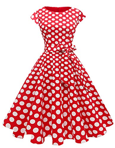 PUKAVT Women's 1950 Boatneck Cap Sleeve Vintage Swing Cocktail Party Dress with Pockets Red WhiteDot L
