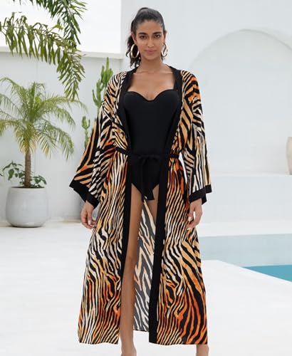 Tiger Print Long Kimono Cardigan for Women – Swimsuit Cover Up Beach Robe – Lightweight Open Front Bathing Suit Coverup, For under 150 lbs3