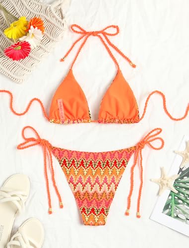Image of ZAFUL 2 Piece Triangle Bikini for Women Knitted Rope Halter Bikini Sets Sexy Bathing Suit Side Tie Swimsuits Beachwear