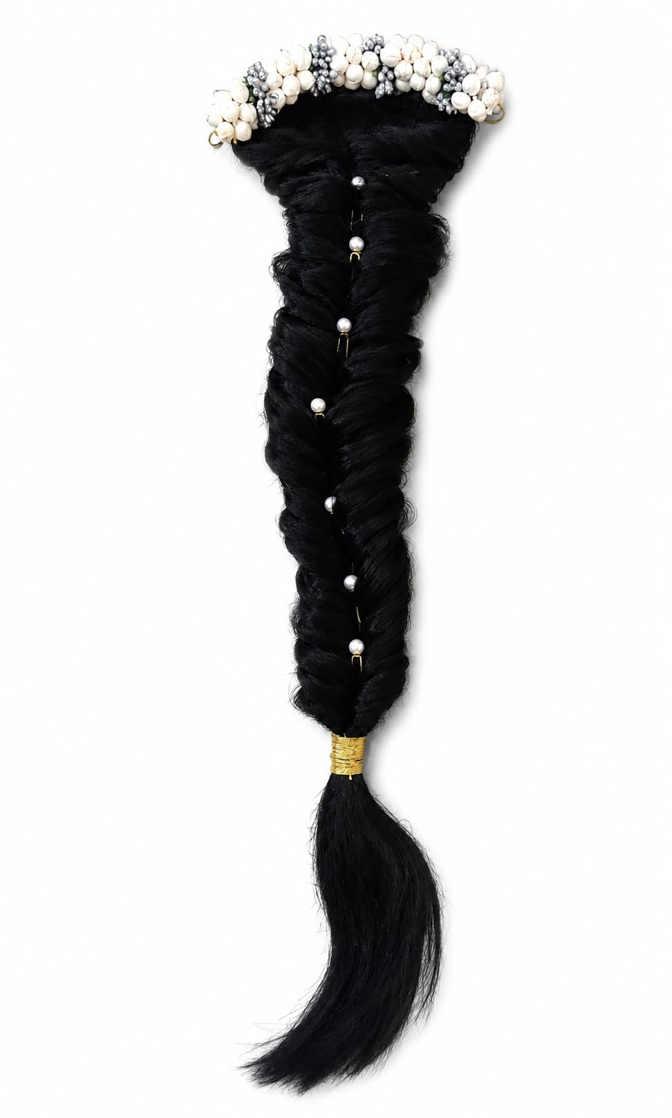 Traditional Long Black Braided Hair Extension with clip system for Women with Floral Decoration | Artificial Hair Braid for Bridal, Wedding, Bharatanatyam, Kuchipudi & Traditional Functions (WHITE AND SILVER)-image-49