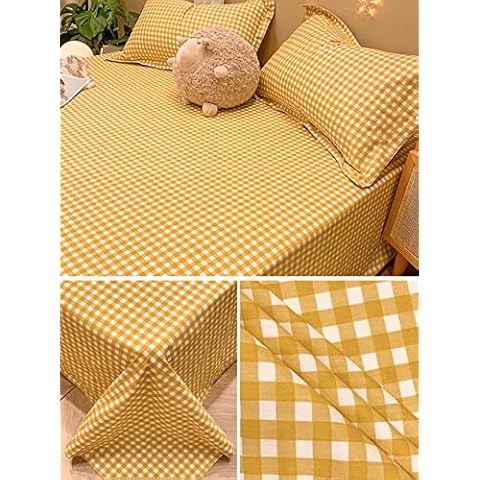 Houseri Mustard Yellow Sheet Queen White and Yellow Plaid Bed Sheet Cotton 1 Piece Buffalo Plaid Flat Sheet Grid Queen Size(No Pillowcases) Cover