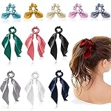12Pcs Hair Scarf Scrunchies Satin Silk Elastic Bowknot Scrunchies with Solid Colors,Chiffon Hair Scrunchies Soft Scarf Ties,6 Long Hair Scarf & 6 Bunny Ear Scrunchies,Ponytail Holder for Women Girls