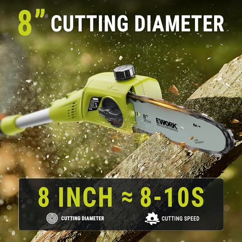 Image of EWORK 20V 8-Inch Cordless Pole Saws for Ton Up to 14.2-Ft, Lightweight Only 6.5 Lbs, Auto Oiling Electric Pole Saw Battery Powered with Battery and Charger