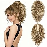 12 Inch Blonde Ponytail Extension - Curly Pony Tails Hair Extensions, Claw Clip Ponytail Extension, Synthetic Clip in Ponytail Hair Extensions (Color: Dark Blonde with Beige Blonde Highlights)