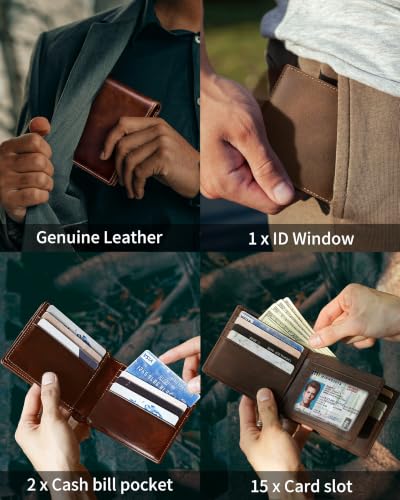 Image of Artpaxy Mens Wallet Bifold Genuine Leather RFID Blocking Wallet for Men with 1 ID Window 15 Card Holders 2 cash pockets 1 Gift Box