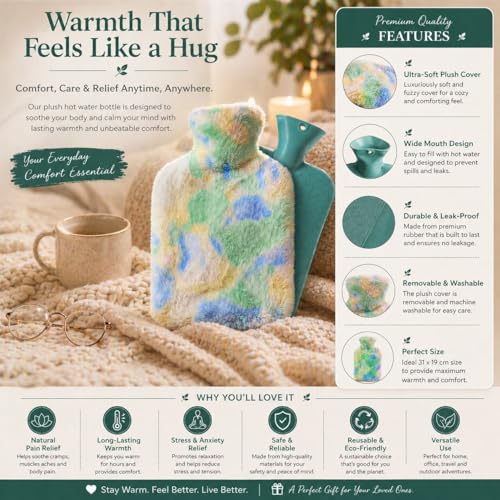 Image of Hot Water Bag with Soft Plush Cover 2000ml, Medical-Grade Silicone Hot & Cold Therapy Hot Water Bottle for Period Cramps, Back Pain, Muscle Aches & Body Relaxation & Comfort (Pastel Ombre)