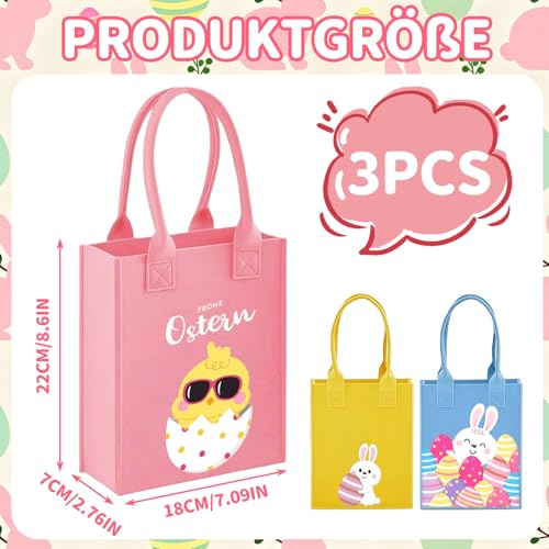 3er Set Ostertüten aus Filz, bunte Osternest Taschen mit Griffen, ideale Filztasche klein für Geschenke, Süßigkeiten und Ostereiersuche, Fröhliche Osterhasen und Küken Motive, Hasen Deko