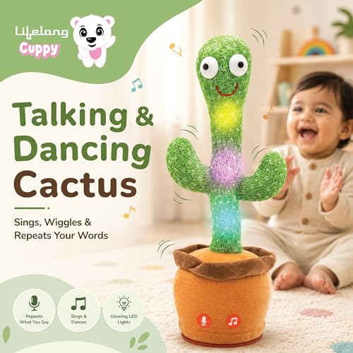 Image of Lifelong Cuppy Dancing Cactus Toy for Kids 6 Months-5 Yrs | Educational Talking Cactus with Music, Voice Repeater & LED Lights | USB Rechargeable, Interactive Tree Toy for Kids | Non- Toxic & Durable