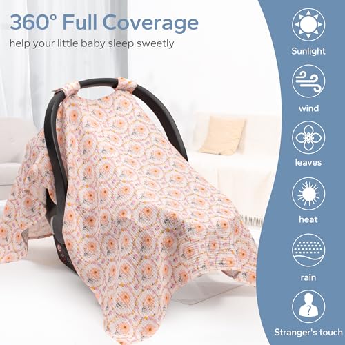 Image of SERAPHY Muslin Car Seat Cover Baby, Universal Carseat Covers Baby Girl Boy | 100% Muslin Cotton, Universal Fit, Breathable, Soft Infant Car Seat Canopy, For Boys and Girls, Sun & Wind Protection